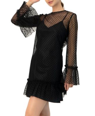 Women's Flocked Polka Dot Short Dress with Wide Long Sleeves