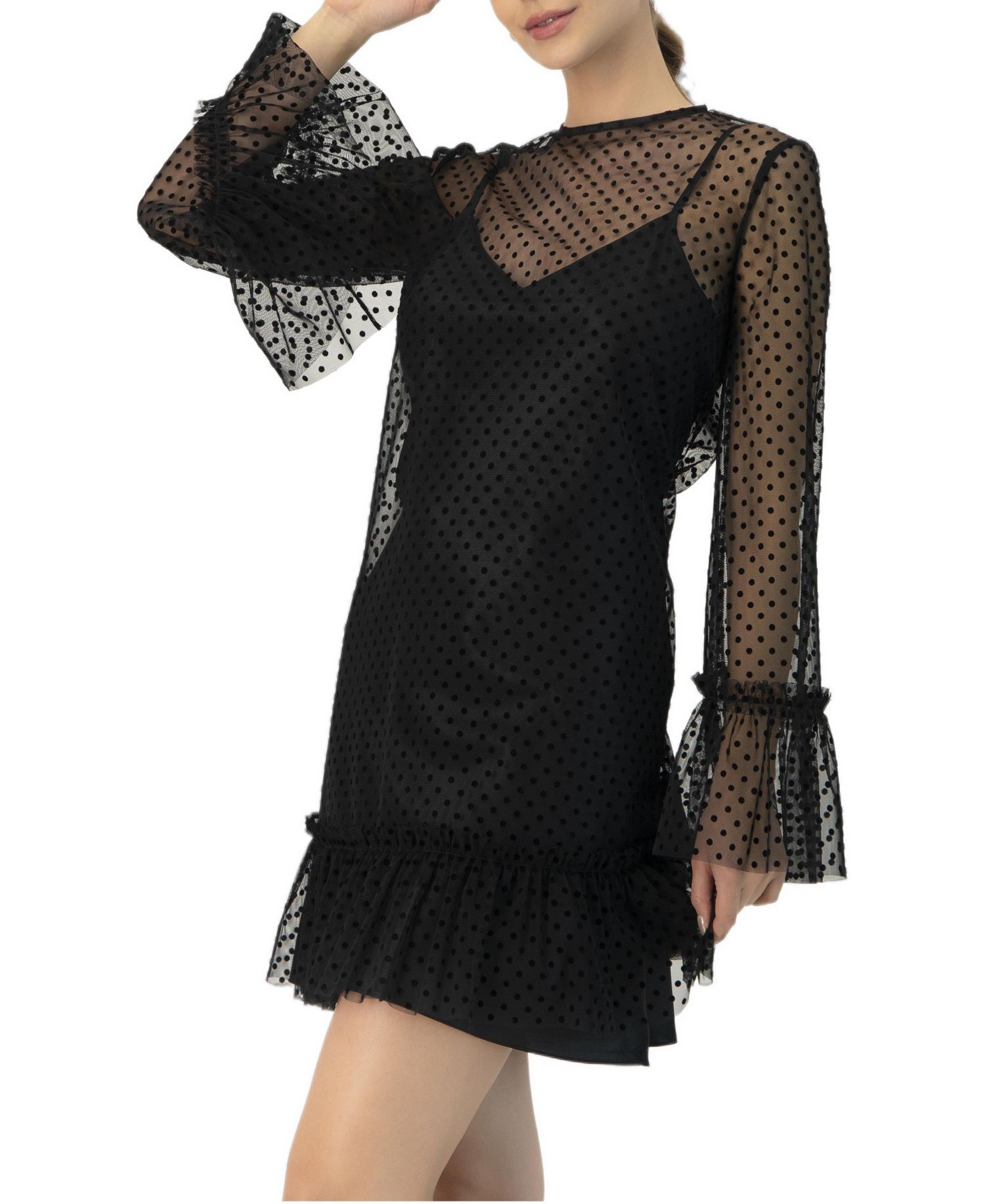 Women's Flocked Polka Dot Short Dress with Wide Long Sleeves