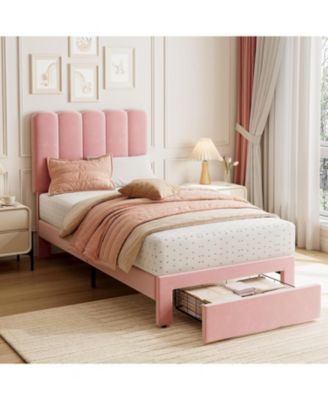 Velvet Upholstered Bed Frame with Drawers and Wavy Headboard for Girls, Platform Design, Wooden Slats