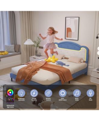 LED Upholstered Platform Bed, Princess Style, Fabric Headboard, Wood Slats,No Box Spring