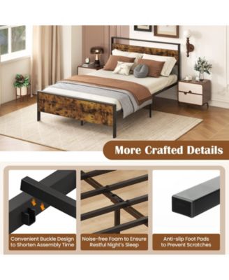 Industrial Metal Platform Bed with Wooden Headboard