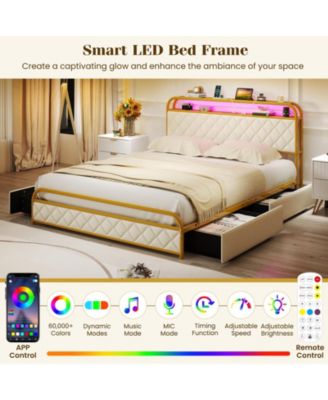 Platform Bed Frame with LED Lights and Charging Station