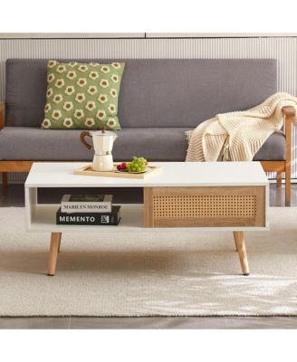 Rattan Coffee Table, Rectangle Wooden Center Tables with Sliding Door and Solid Wood Legs for Living Room, Home Office