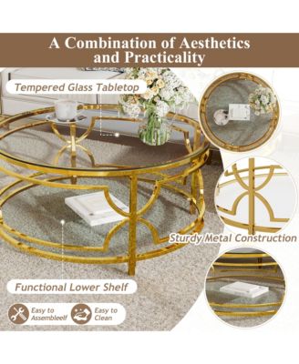 Round Tempered Glass Coffee Table, Modern 2-Tier Center Table, Luxurious Geometric Metal Frame for Living Room, Transparent