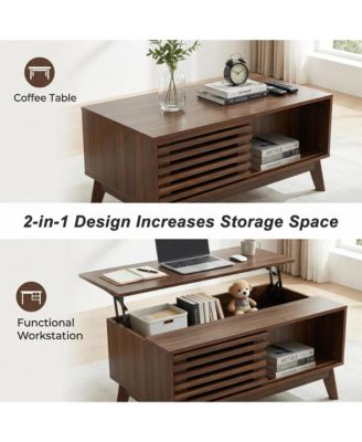 Lift Top Coffee Table with Storage, Mid Century Modern Center Table with Sliding Slatted Door and Hidden Compartment for Living Room