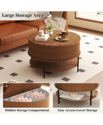 31.5" Farmhouse Lift Top Coffee Table - Round Center Table with Dual-Level Storage and Hidden Compartment for Living Room, Home Office