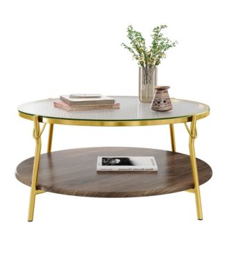 Modern Round Walnut 2-Tiered Coffee Table - Glass Top, Gold Base, Center Table for Living Room