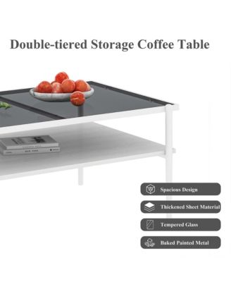 Rectangle 2 Tier Coffee Table, Center Table with Gray Tempered Glass Top and Wood Storage Shelf for Living Room, Small Space