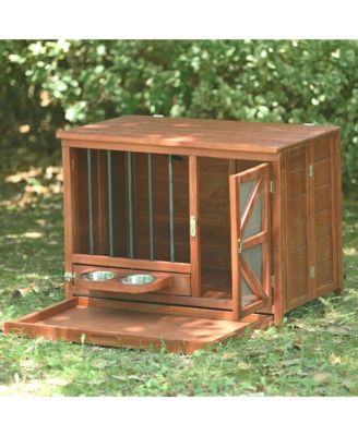  43" Solid Wood Dog Crate Furniture End Table with Rotating Feeder and Removable Tray