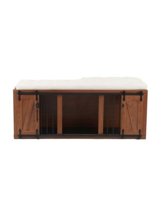 56" Walnut 2-in-1 Dog Crate Furniture with Padded Seat and Sliding Barn Door