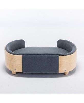 Mid-Century Wooden Pet Bed with Light Velvet Cushion
