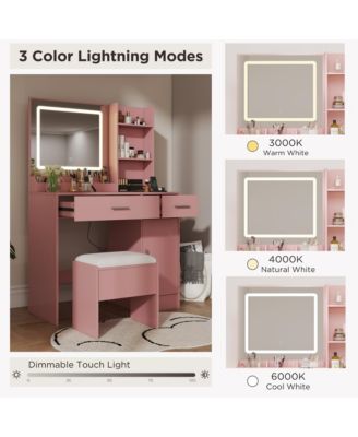 Makeup Vanity Table with LED Light Mirror, Charging Station, 2 Drawers and Storage Cabinet, Dressing Table Set with Stool for Bedroom
