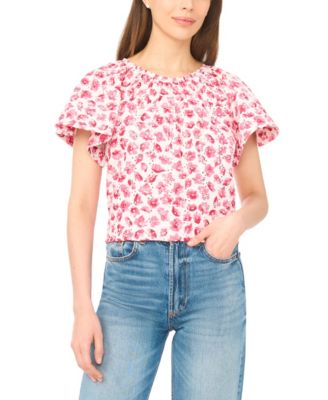 Women's Floral Ruffle-Sleeve Crewneck Cotton Top