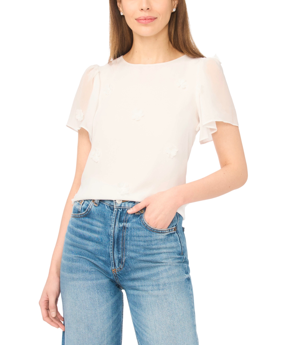 CeCe Women's Crew Neck Flutter-Sleeve Blouse