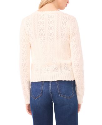 Women's V-Neck Pointelle Cotton Cardigan Sweater