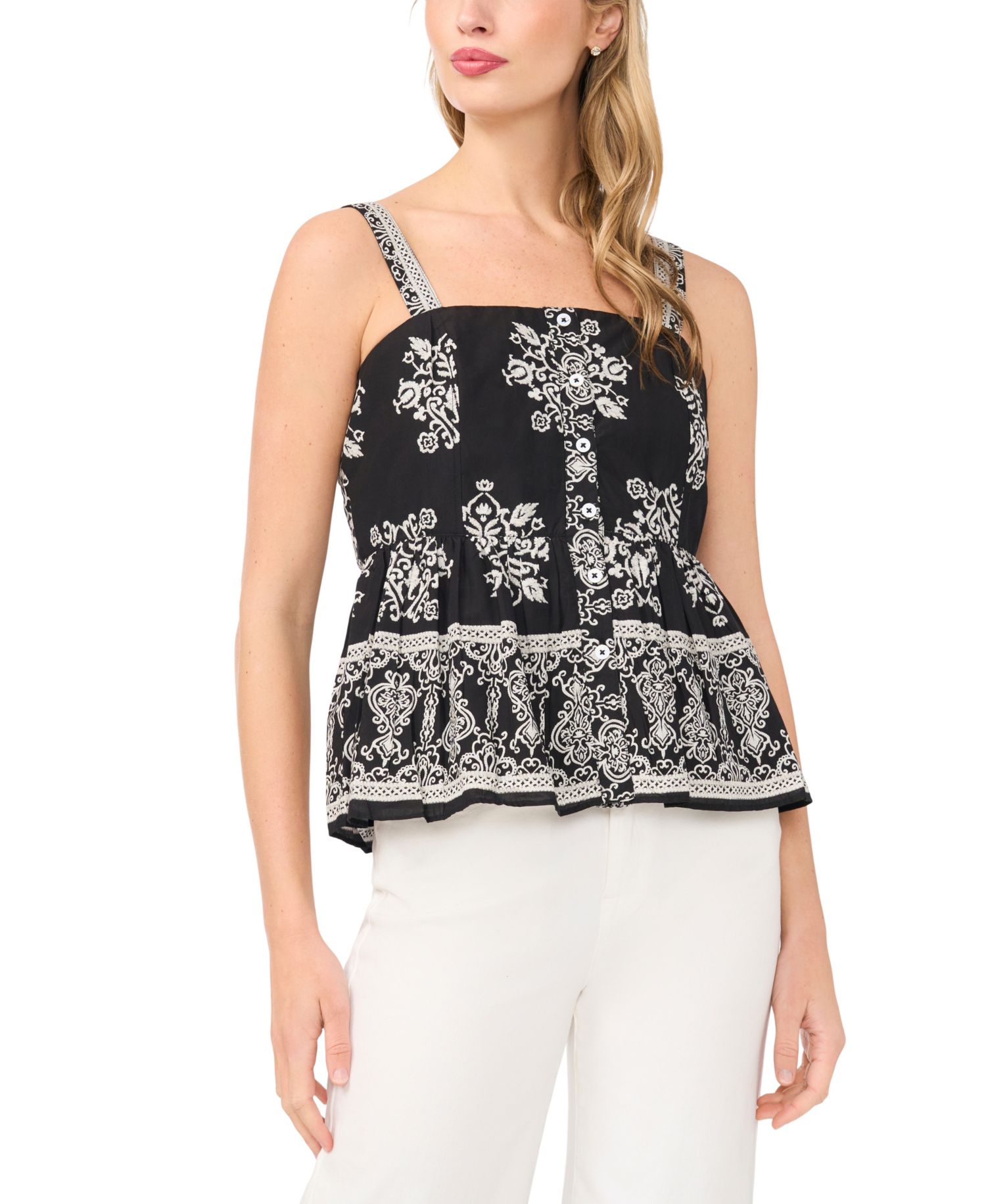Women's Printed Sleeveless Square Neck Cotton Babydoll Top