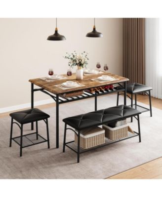 4-Piece Square Dining Table Set, Wood Table with 2 Upholstered Chairs & Bench, Metal Frame, Storage for Small Space