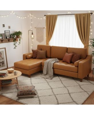 88.9" L-Shaped Leather Sofa with Chaise, Mid-Century Modern 3-Seater Couch