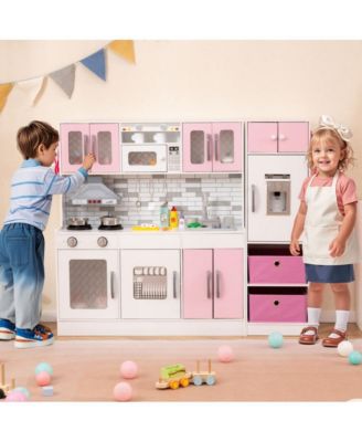2 Piece Wooden Kids Play Kitchen Set with Refrigerator Sink Stove and Realistic Lights and Sounds