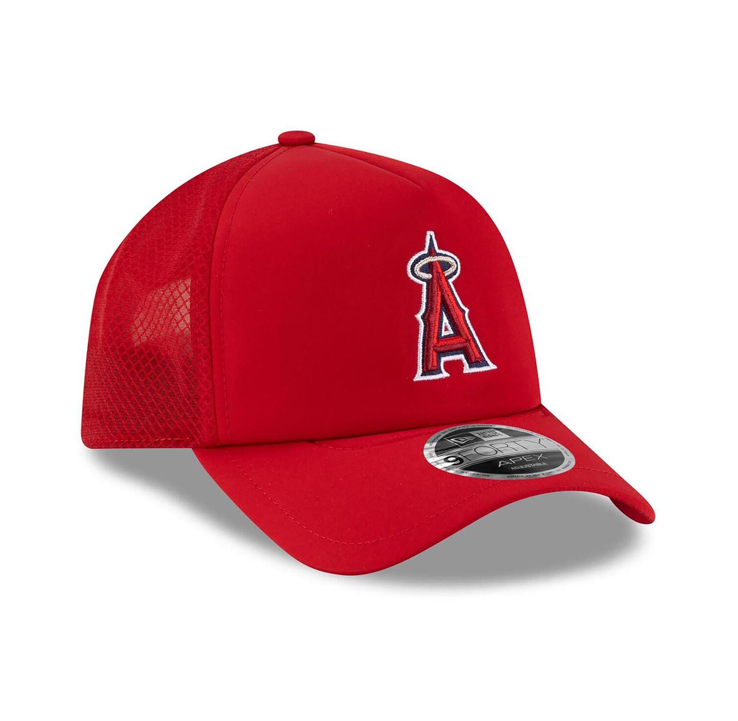 Men's Red Los Angeles Angels 2026 Batting Practice Apex 9FORTY Adjustable Trucker Hat