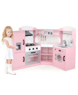 Kids Wooden Corner Play Kitchen Set with Storage and Pretend Cooking Features