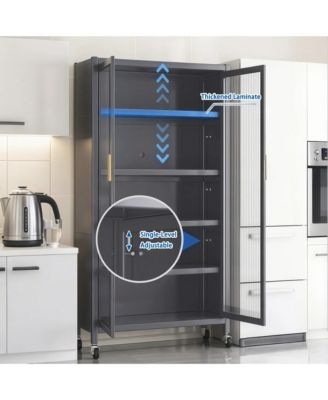 5 Tier Metal Display Storage Cabinet with Transparent Door, Adjustable Shelves and Wheels, Food Pantries Cabinets for Kitchen