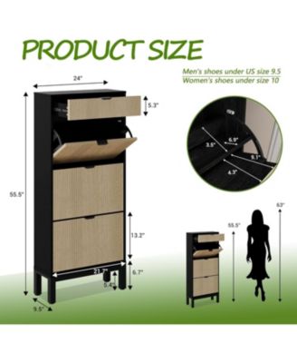 Shoe Storage Cabinet with 3 Flip Drawers Fluted Organizer Metal Legs Slim Entryway Rack