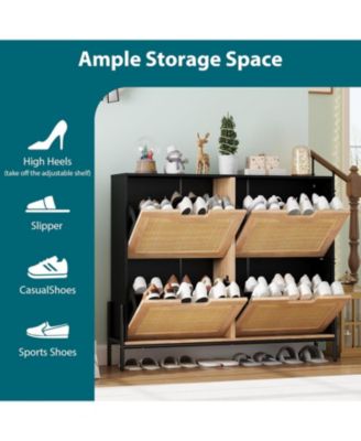 Narrow Shoe Cabinet with 4 Flip Down Doors Rattan Organizer Freestanding Shoe Rack Adjustable Shelf