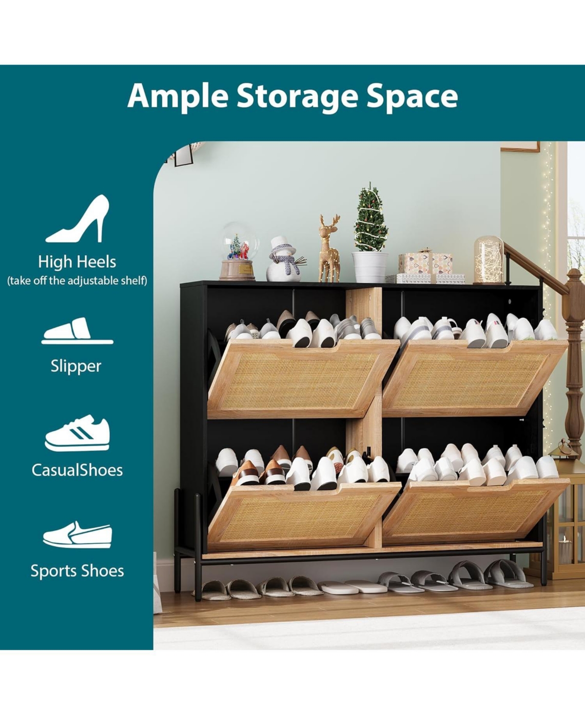 gaomon Narrow Shoe Cabinet with 4 Flip Down Doors Rattan Organizer Freestanding Shoe Rack Adjustable Shelf