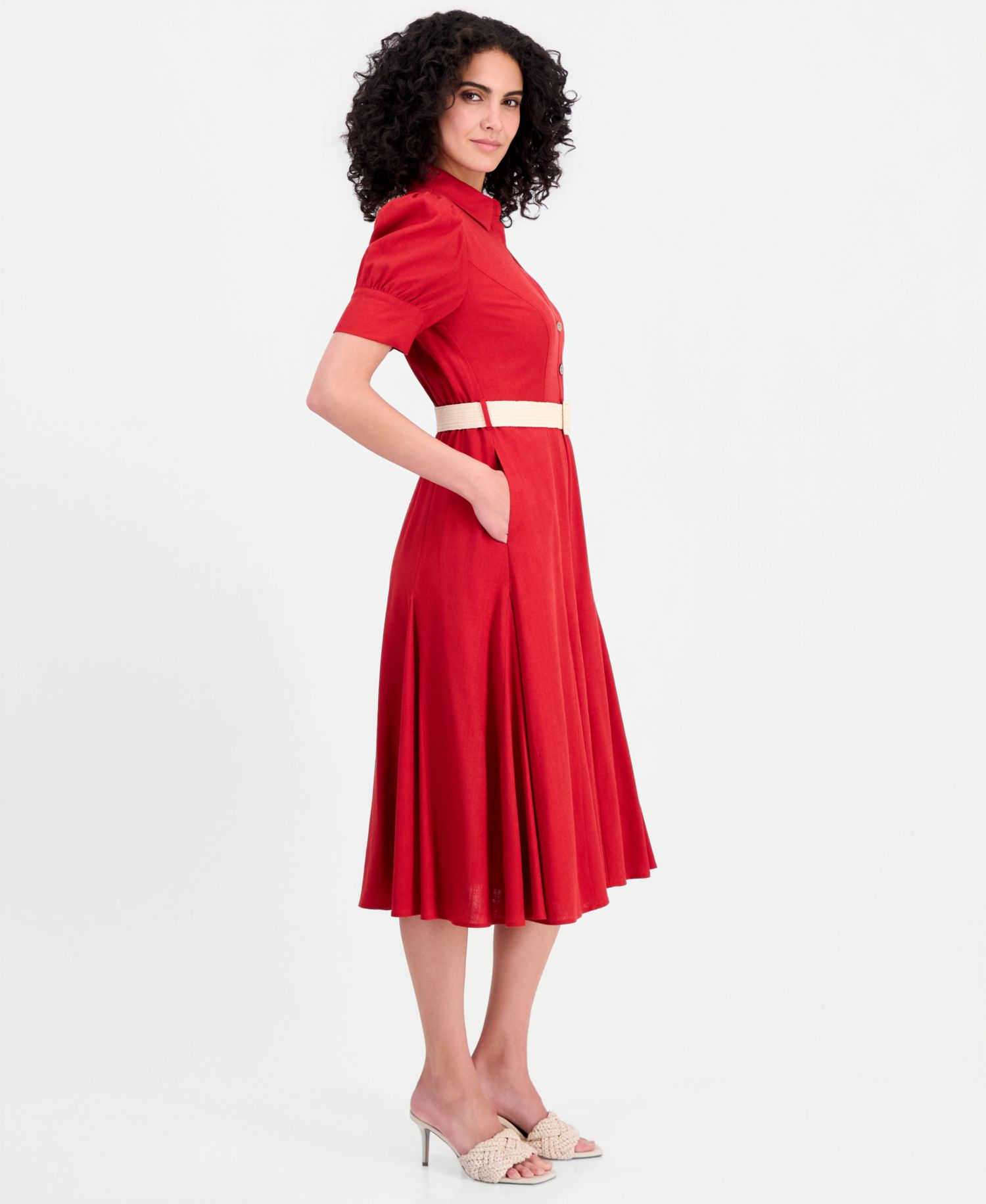 Women's Short-Sleeve Belted Linen Blend Dress