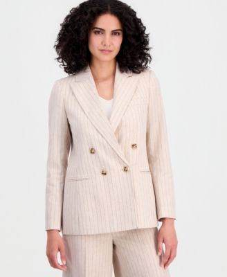 Women's Pinstriped Double-Breasted Linen Blend Blazer
