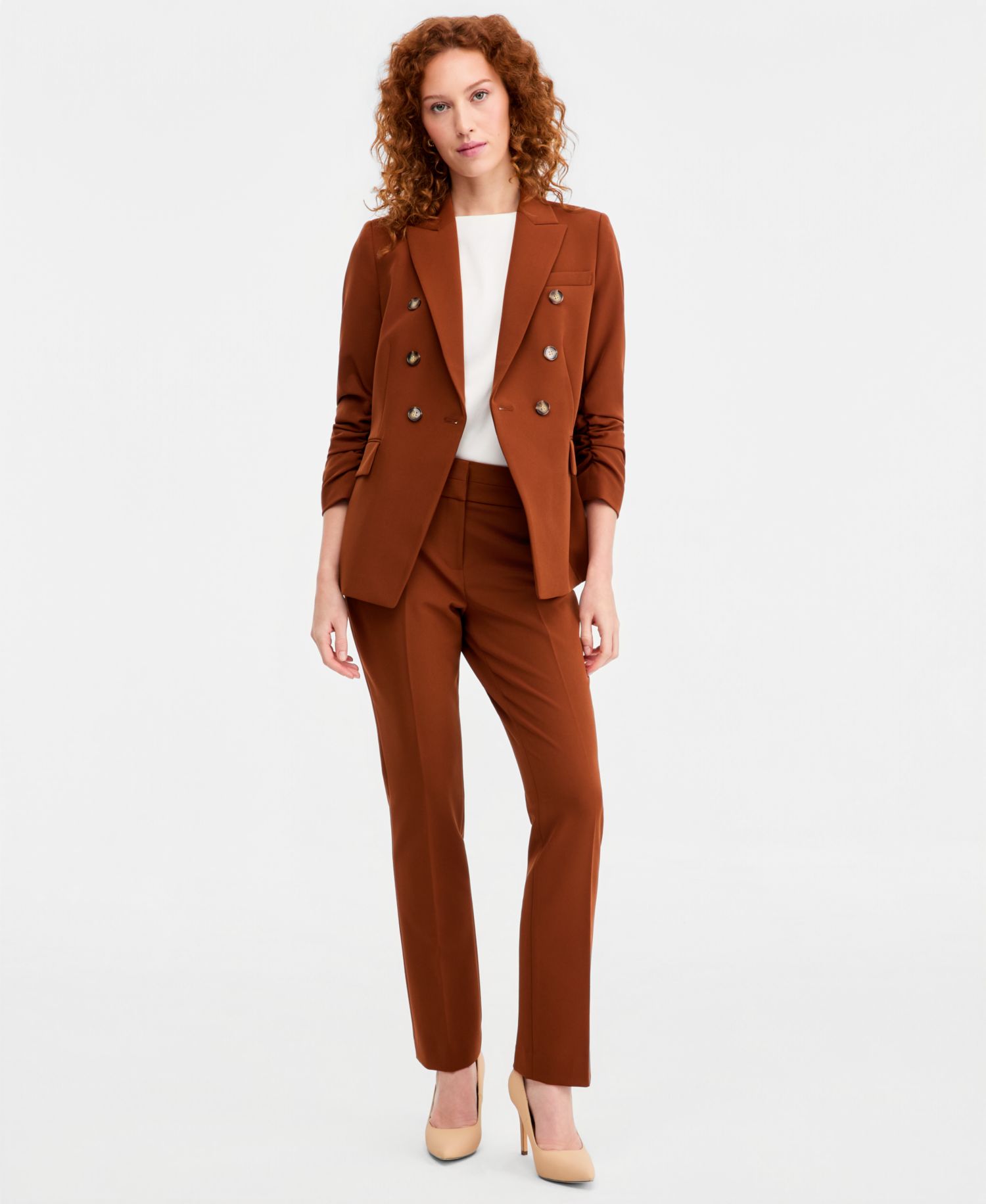 Women's Ruched-Sleeve Double-Breasted Blazer & Seamed Waistband Pants