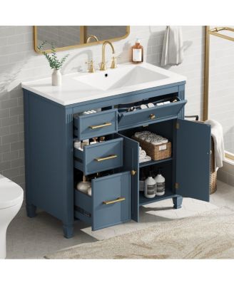 36" Bathroom Vanity with Ceramic Sink, Freestanding Cabinet with Tip-Out & Side Drawers, Adjustable Shelf, Modern Storage.