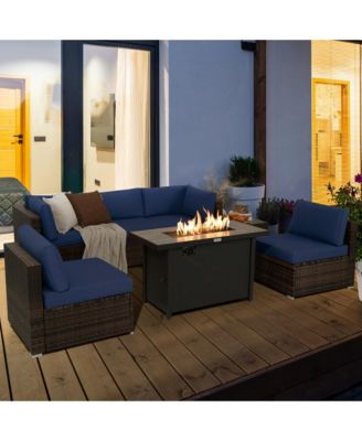 7PCS Patio Rattan Furniture Set Fire Pit Table Cover Cushion