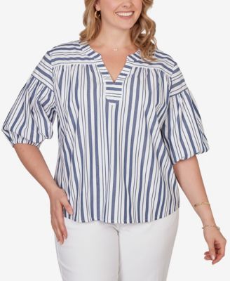 Plus Size Striped Cotton Poplin Elastic Cuff Top