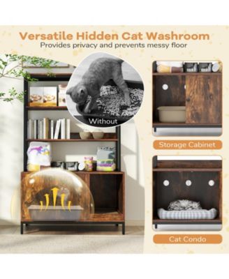 57'' Cat Litter Box Enclosure w/ Storage 2-tier Shelves Removable Scratcher