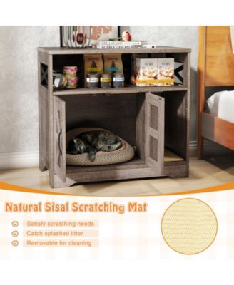 Cat Litter Box Enclosure w/ Storage Double Doors Sisal Scratching Mat Indoor