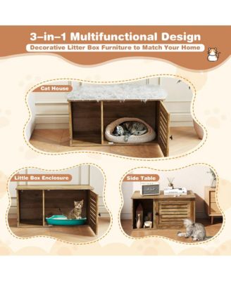 Cat Litter Box Enclosure w/ Winding Entry Louvered Door Wooden Pet Side Table