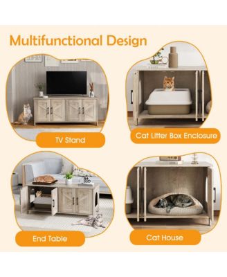Cat Litter Box Enclosure for 2 Cats w/ Double Rooms Wooden Cat Washroom Cabinet