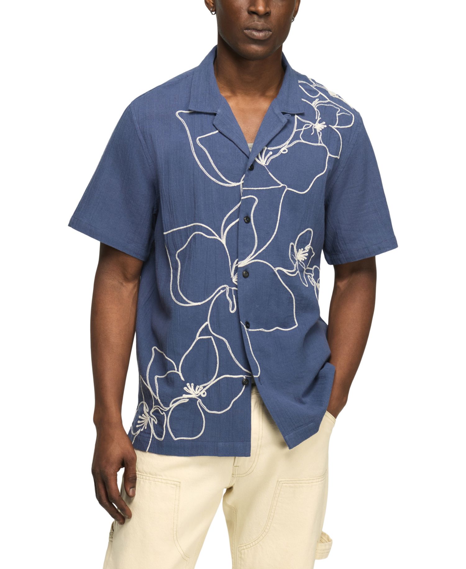 Men's Floral Embroidered Motif Camp Shirt