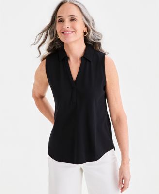 Women's Cotton Johnny-Collar Sleeveless Top