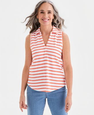Women's Striped Johnny-Collar Sleeveless Top