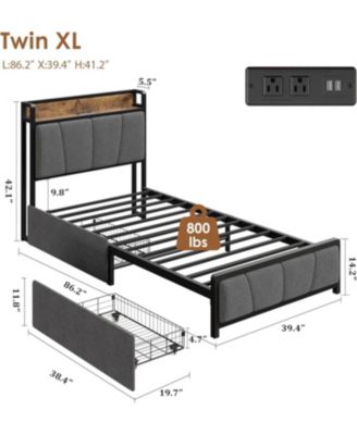  Bed Frame with 2 Drawers Charging Station Rustic Linen Upholstered No Box Spring Needed