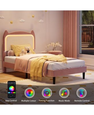 Twin Upholstered LED Bed Frame with Cat Headboard, Velvet Platform Bed Frame for Kids, Sturdy Slats