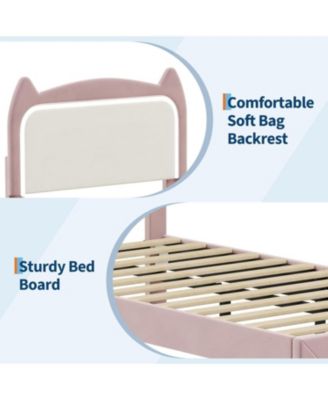 Twin Upholstered LED Bed Frame with Storage Drawer and Cat Headboard, Velvet Princess Platform Bed for Kids