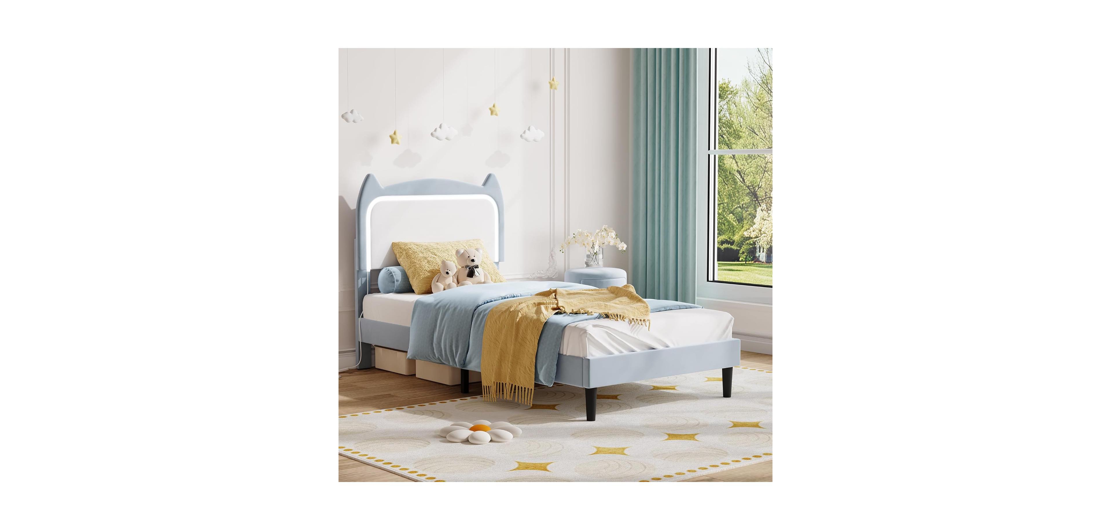 gaomon Twin Upholstered Bed Frame with Cat Headboard, Velvet Platform Frame for Kids, Sturdy Slats
