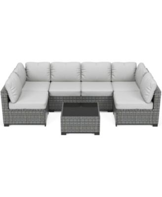 7-Piece Wicker Patio Sofa Set PE Rattan Conversation Sectional with Cushions Glass Table