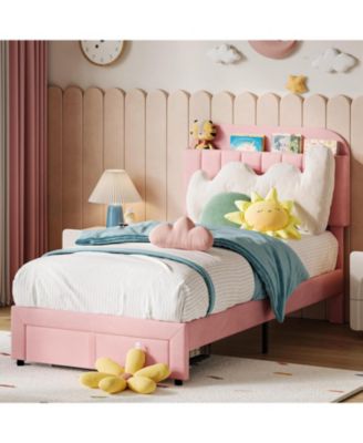2 Upholstered Bed for Kids, Velvet Platform Bed with Storage Bookcase Headboard, Large Drawer Easy Assembly