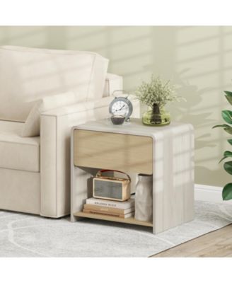 Modern Two Tier Nightstand with Drawer and Open Shelf