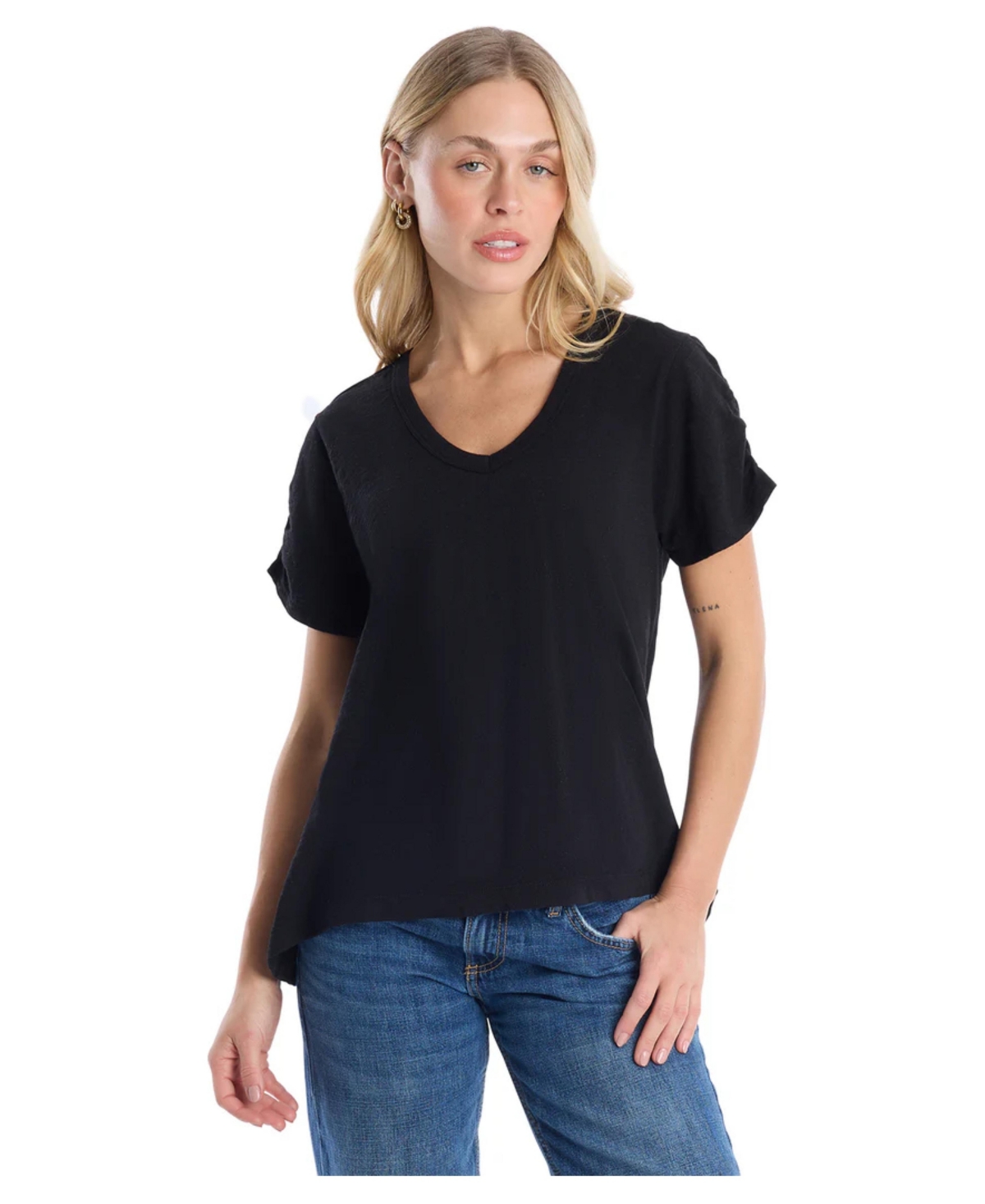 Wilt Women's Clothing Ruched Sleeve Tee - Black